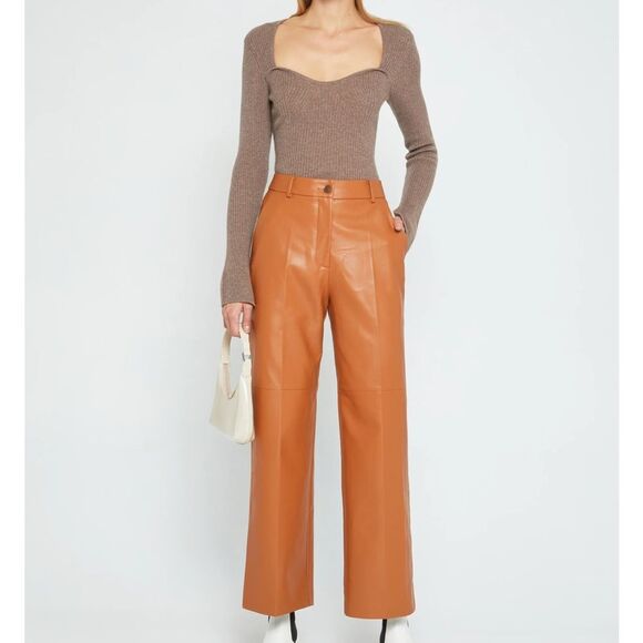 Tan High-Waisted Wide Leg Faux Leather Pants - Picture 3 of 8